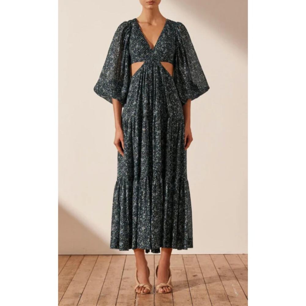 Shona Joy 0 Denise Balloon Sleeve Midi Dress in Black Multi